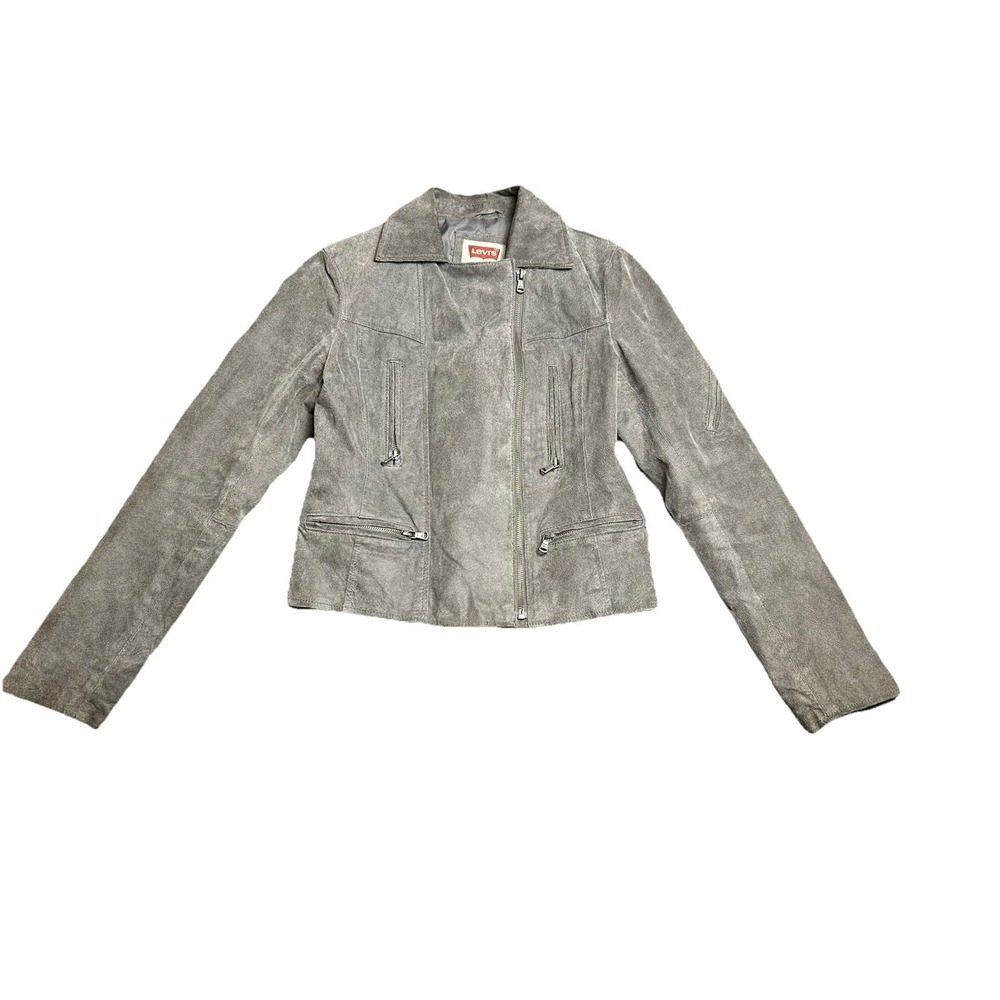 Levi's Leather Jacket Womens Small Gray Genuine Suede Collared Moto Lined Y2K